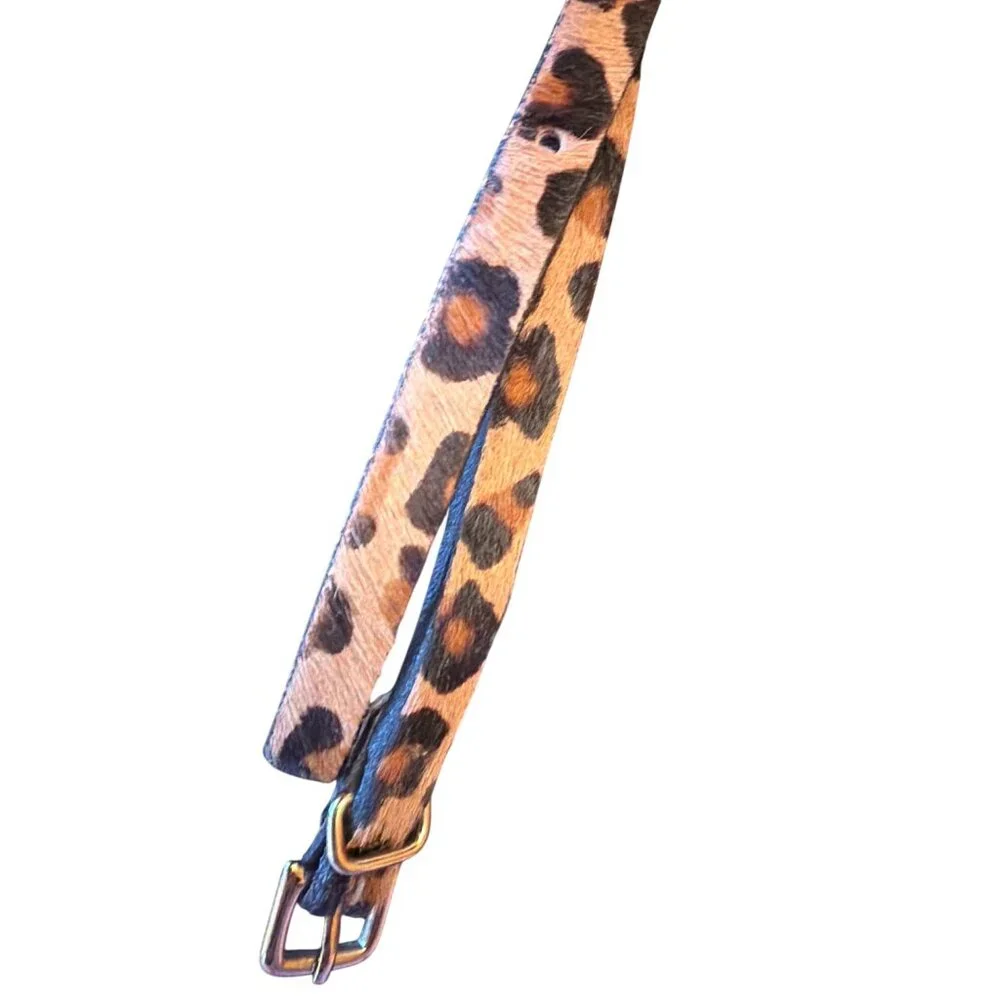 Leopard Print Genuine Leather Calf‎ Hair Thin Skinny Belt With Gold Buckle